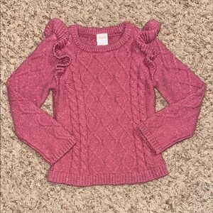 5t girls pink cable knit sweater with ruffle shoulder  details